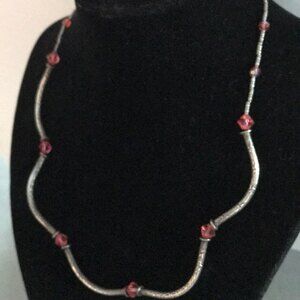 Vintage Sterling Silver Curved Carved Tube Beads Swarovski Crystal Necklace 17.5